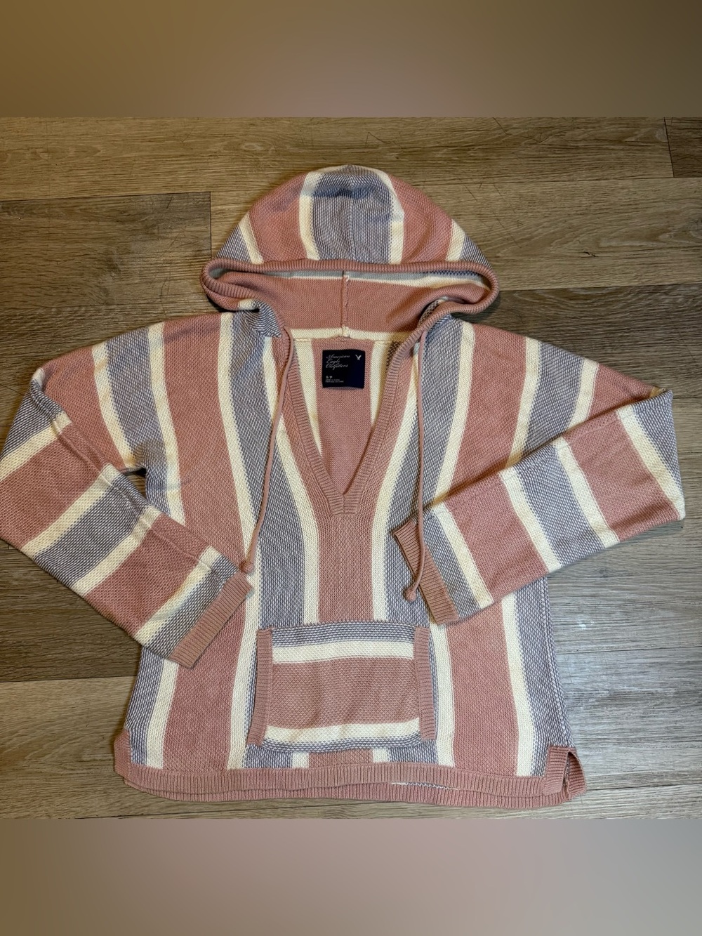 American Eagle Outfitters Mauve & Cream Striped Hooded Pullover